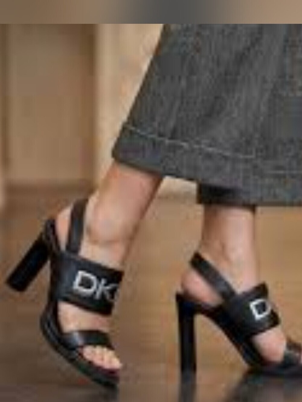 DKNY Black Leather Slingback High Heels Sandals with Silver Logo Size 9 1/2
